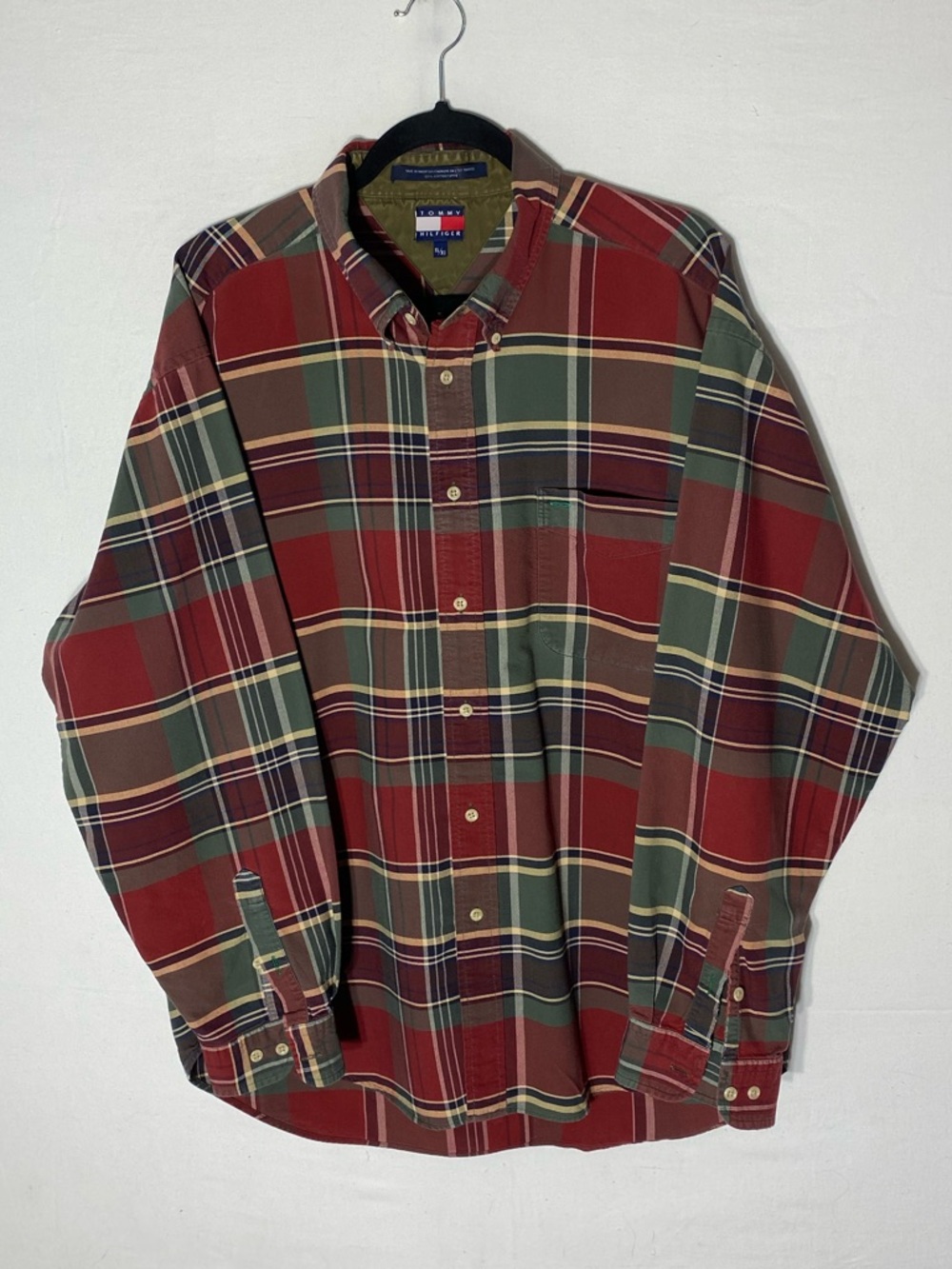 Vintage Y2K Tommy Hilfiger Red Green Cotton Plaid Button Up Shirt XL Streetwear